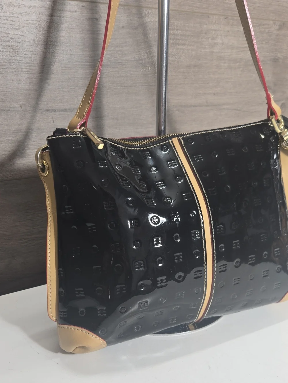 Arcadia Black Patent Italian Leather Crossbody  Shoulder Bag with Tan Trim